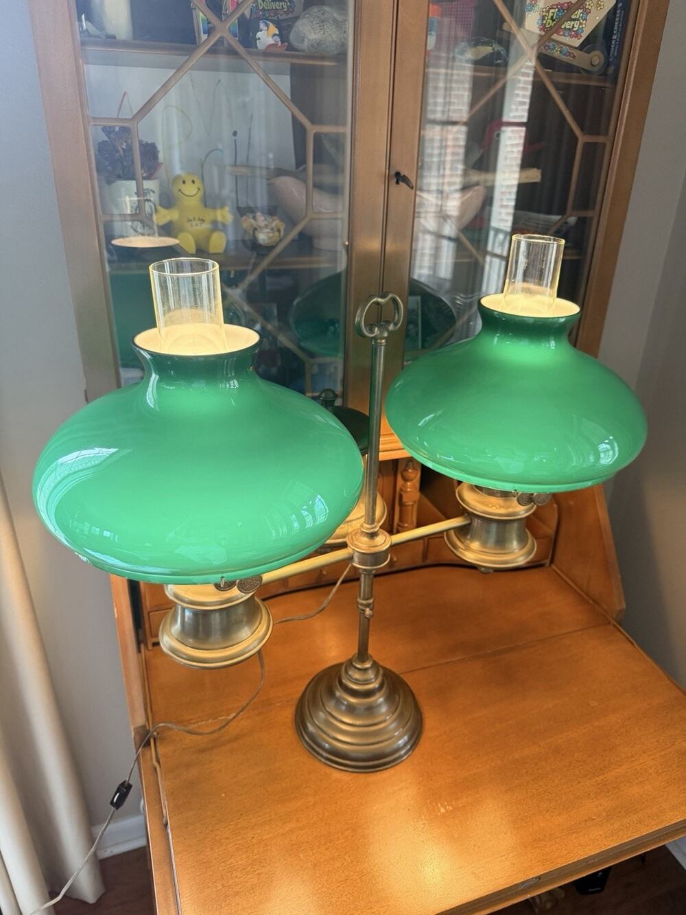 Antique Double Post Student Lamp Cased Glass Adjustable Height 1870s Electrified